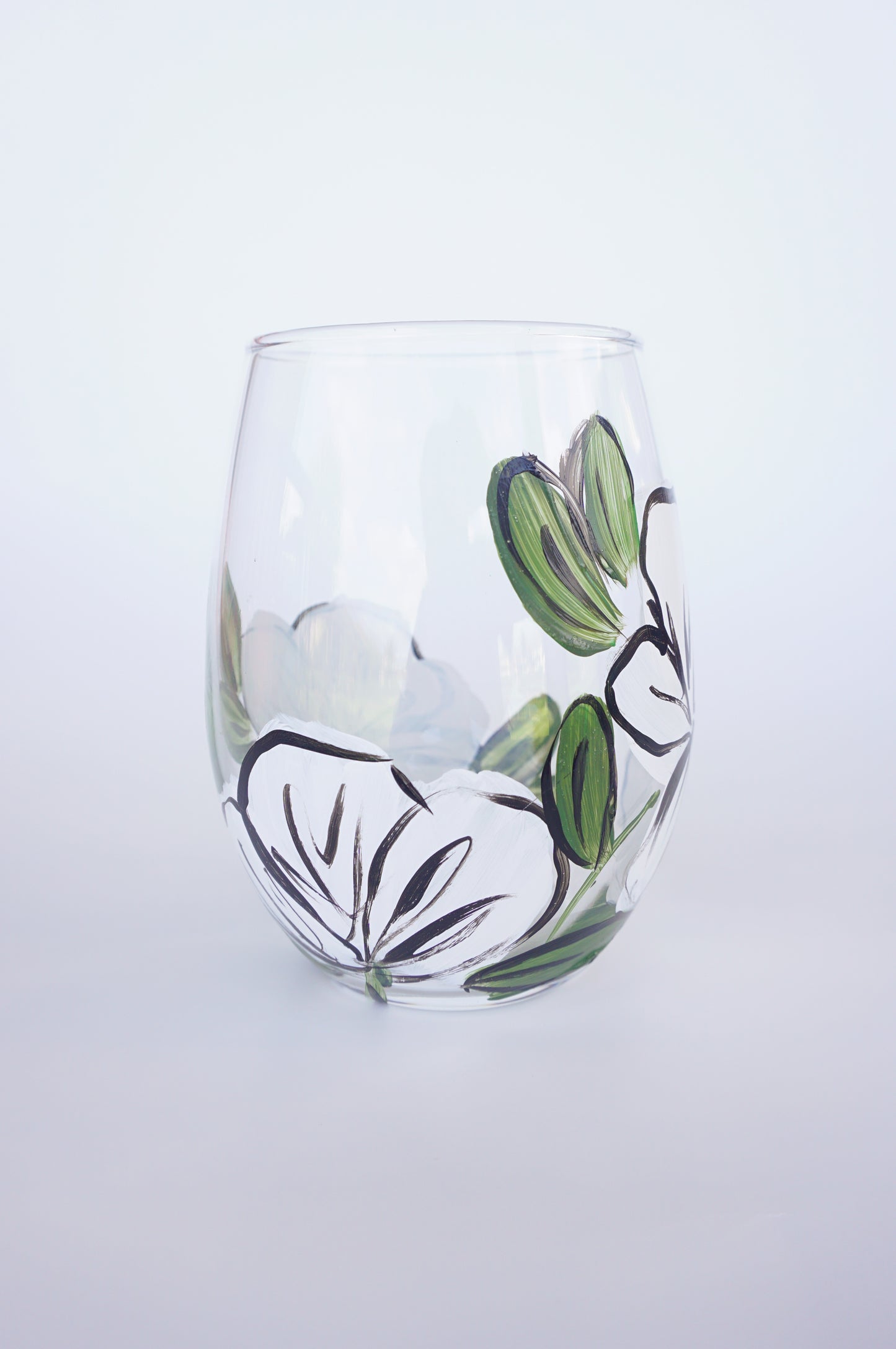 Hand Painted Stemless Wine Glass - Whiten Comic Style Flower