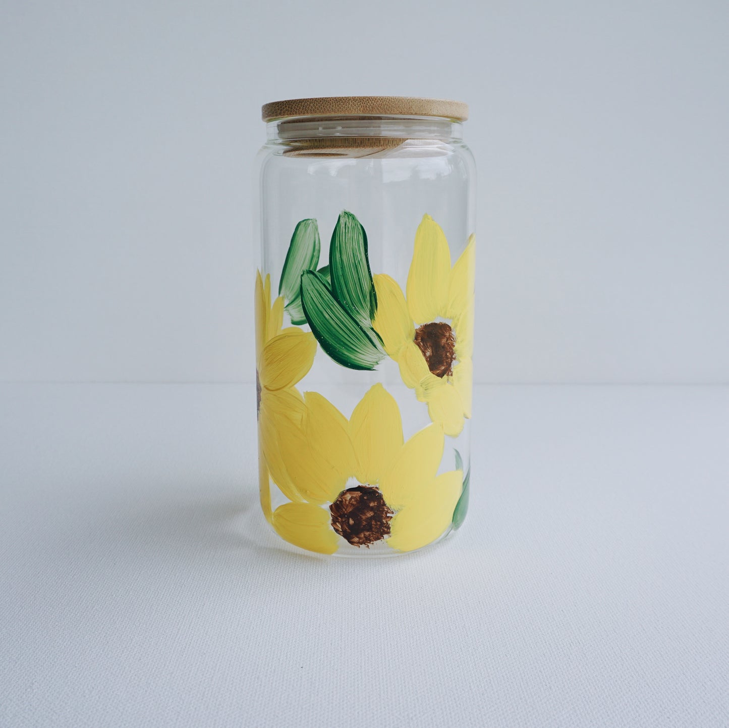 Hand Painted Glass Cup with Bamboo Lid and Glass Straw - Sunflower