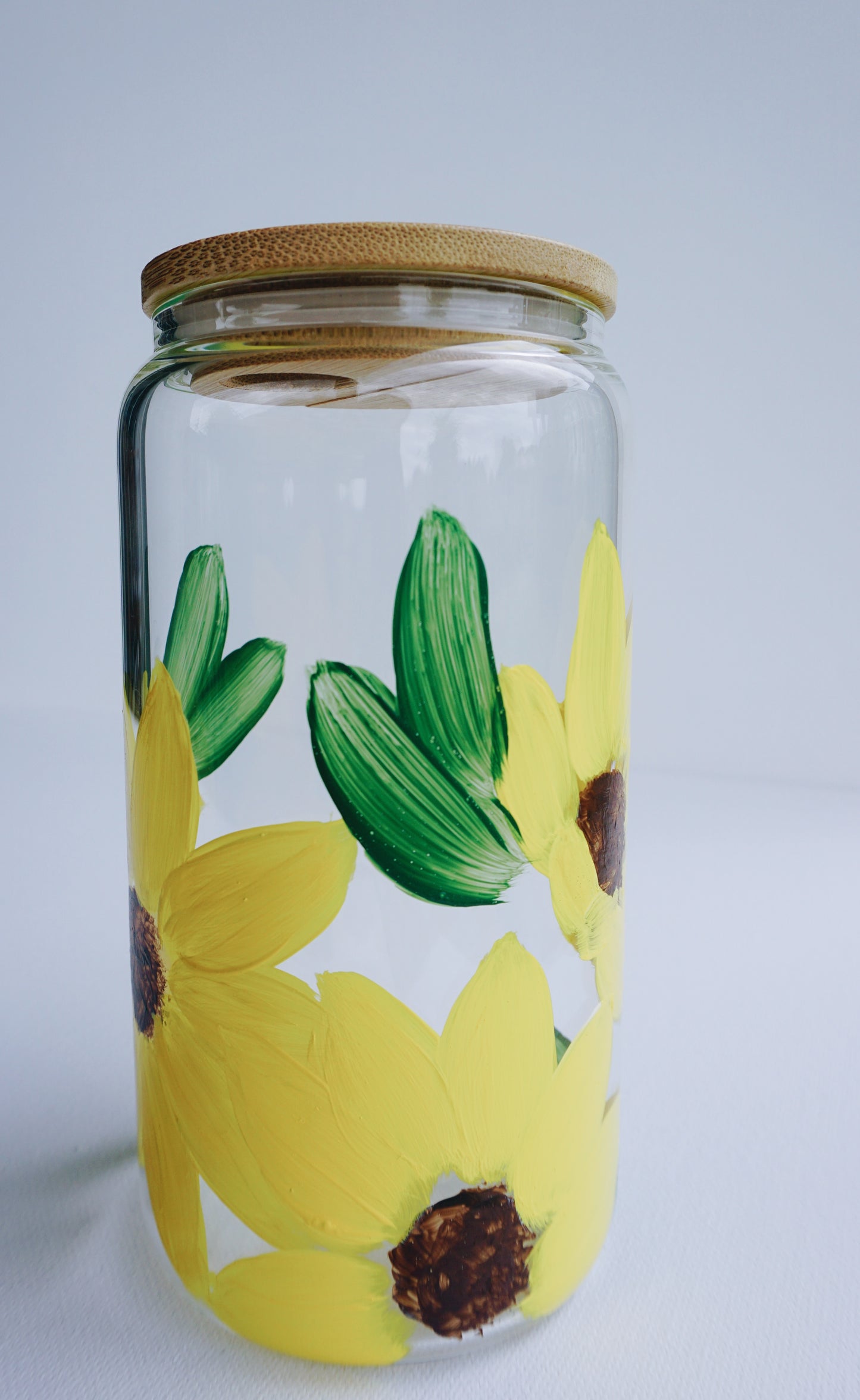 Hand Painted Glass Cup with Bamboo Lid and Glass Straw - Sunflower