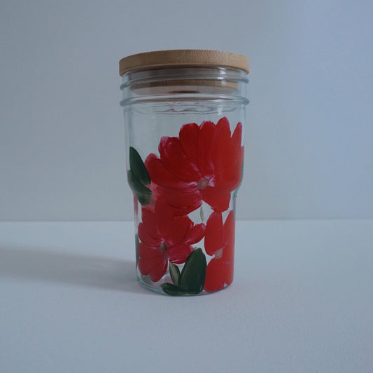 Hand Painted Glass Tumbler with Bamboo Lid and Glass Straw - Red Flower