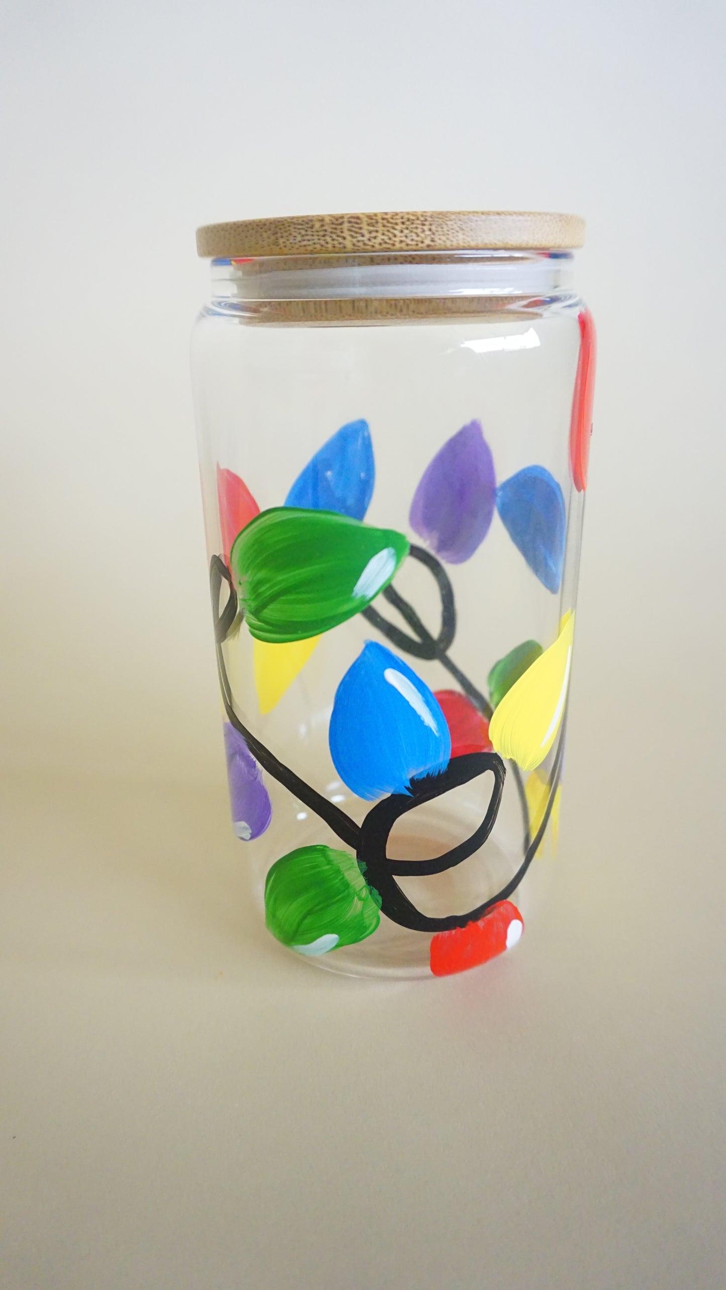 Hand Painted Glass Cup with Bamboo Lid and Glass Straw - Christmas Lights