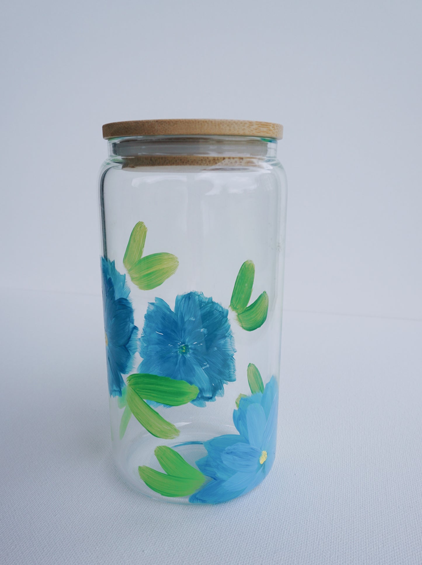 Hand Painted Glass Cup with Bamboo Lid and Glass Straw - Ocean Blue Flower