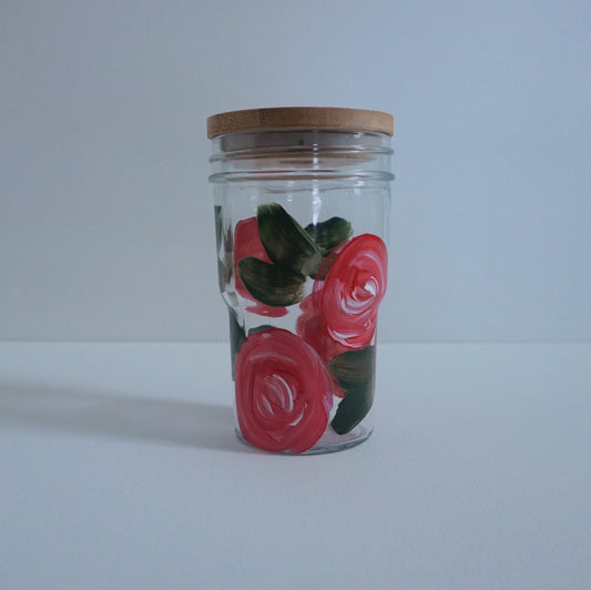 Hand Painted Glass Tumbler with Bamboo Lid and Glass Straw - Red Rose