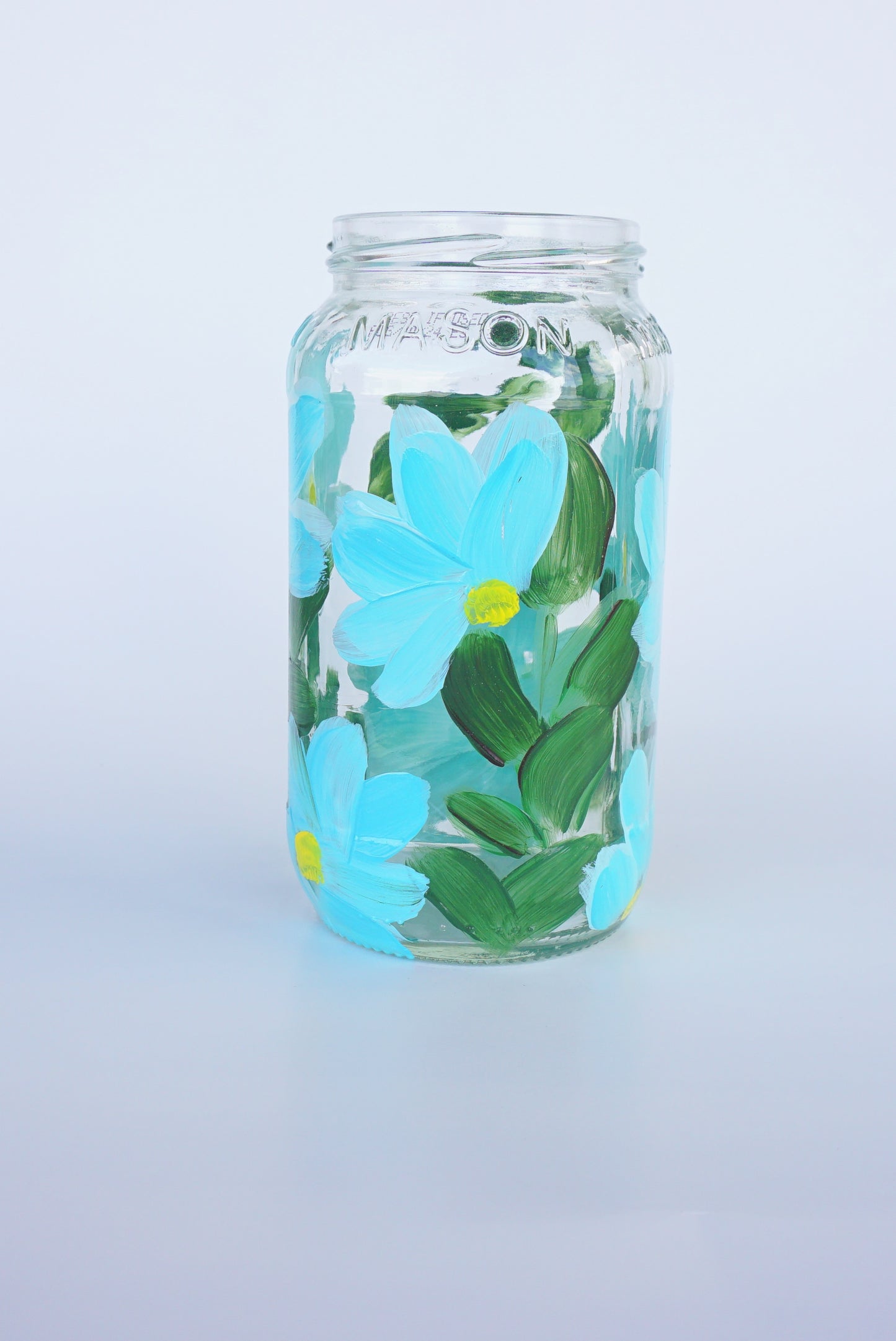 Hand Painted 20 oz Mason Jar - Blue Flowers