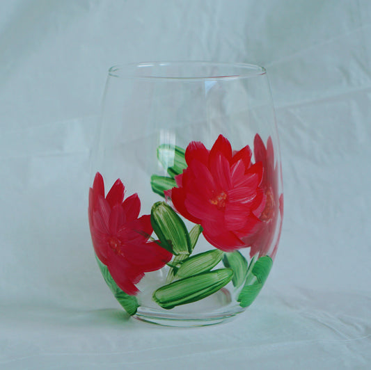 Hand Painted Stemless Wine Glass - Red Flower