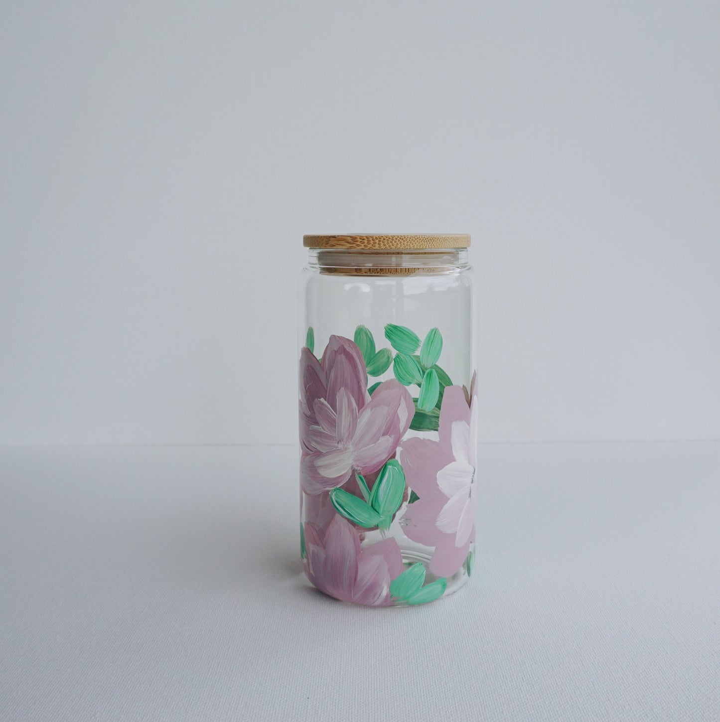 Hand Painted Glass Cup with Bamboo Lid and Glass Straw - Purple Flower