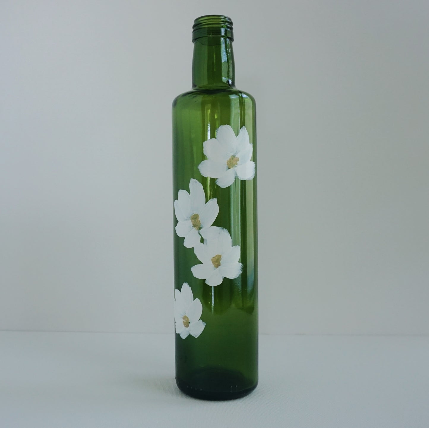 Hand Painted Glass Bottle - Transparent Green - White Flower