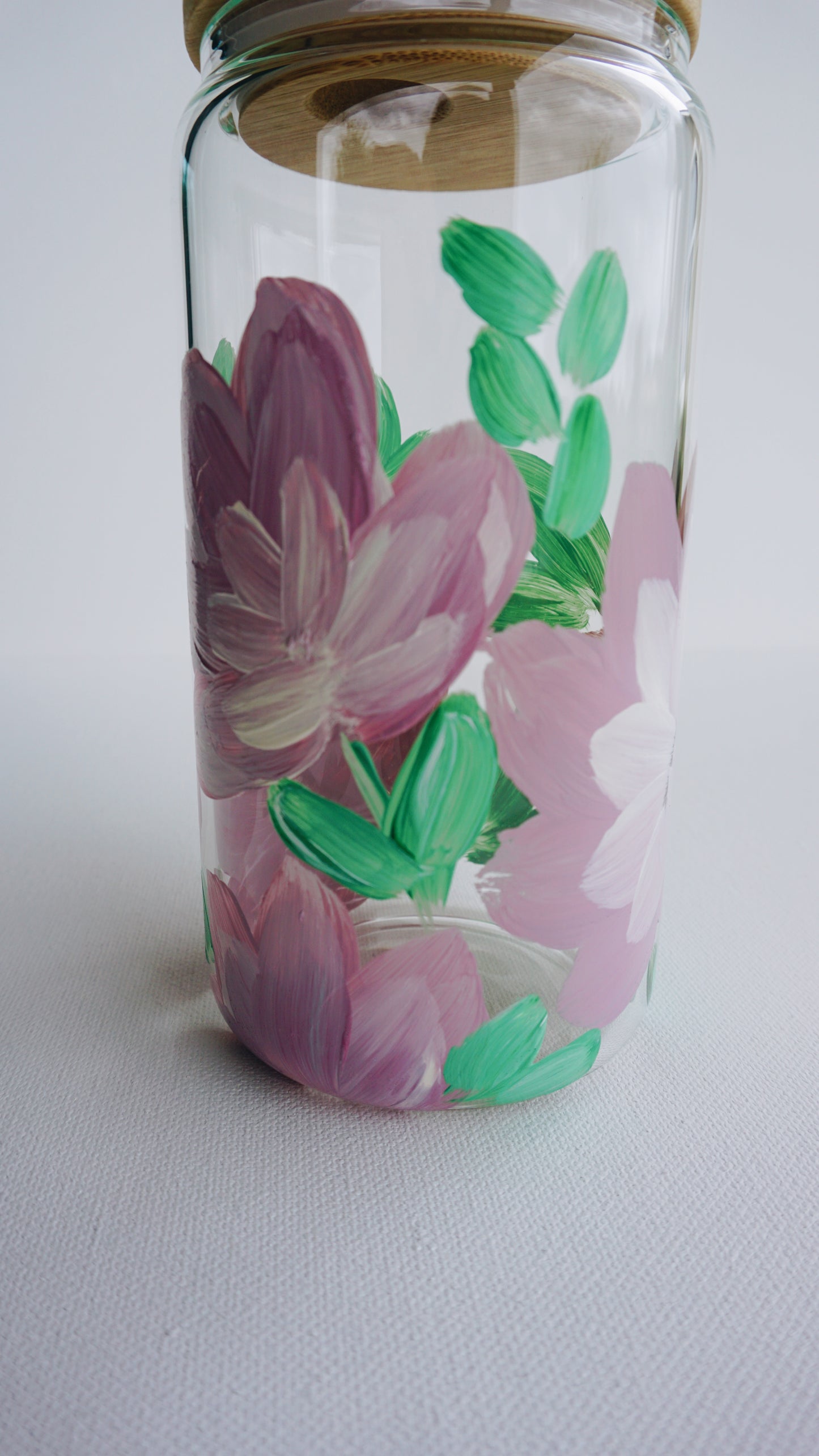 Hand Painted Glass Cup with Bamboo Lid and Glass Straw - Purple Flower