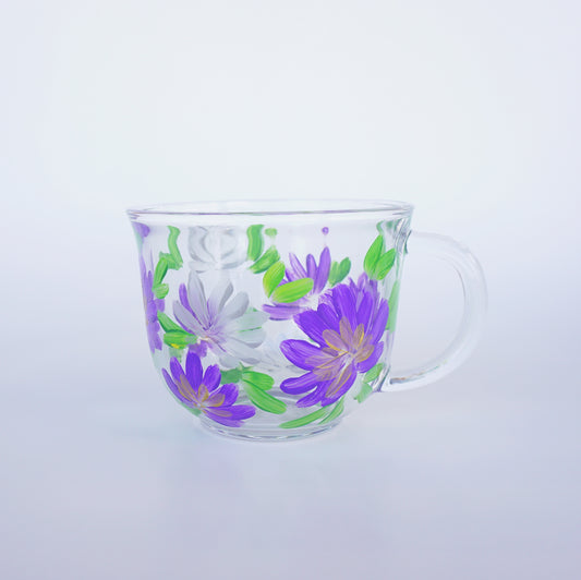 Hand Painted Glass Mug - Purple + Silver Flowers