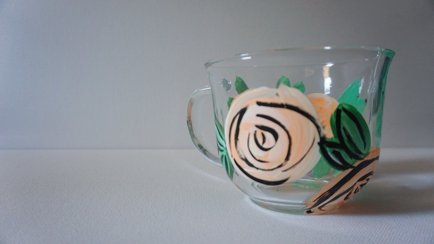 Hand Painted Glass Mug - Comic Book Peach Rose