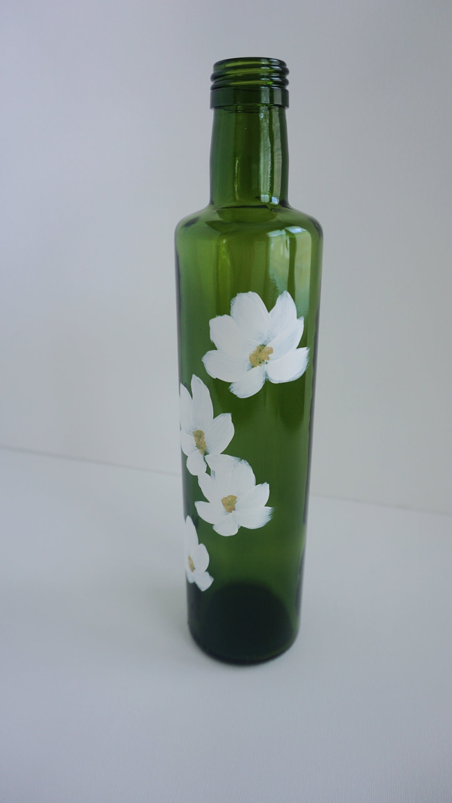 Hand Painted Glass Bottle - Transparent Green - White Flower