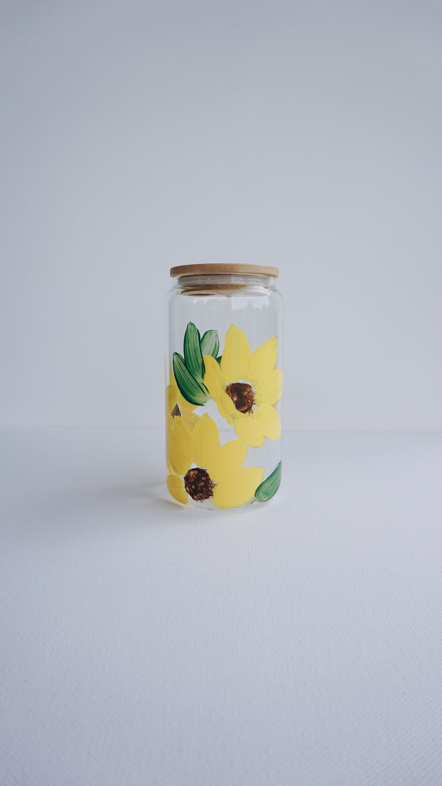 Hand Painted Glass Cup with Bamboo Lid and Glass Straw - Sunflower