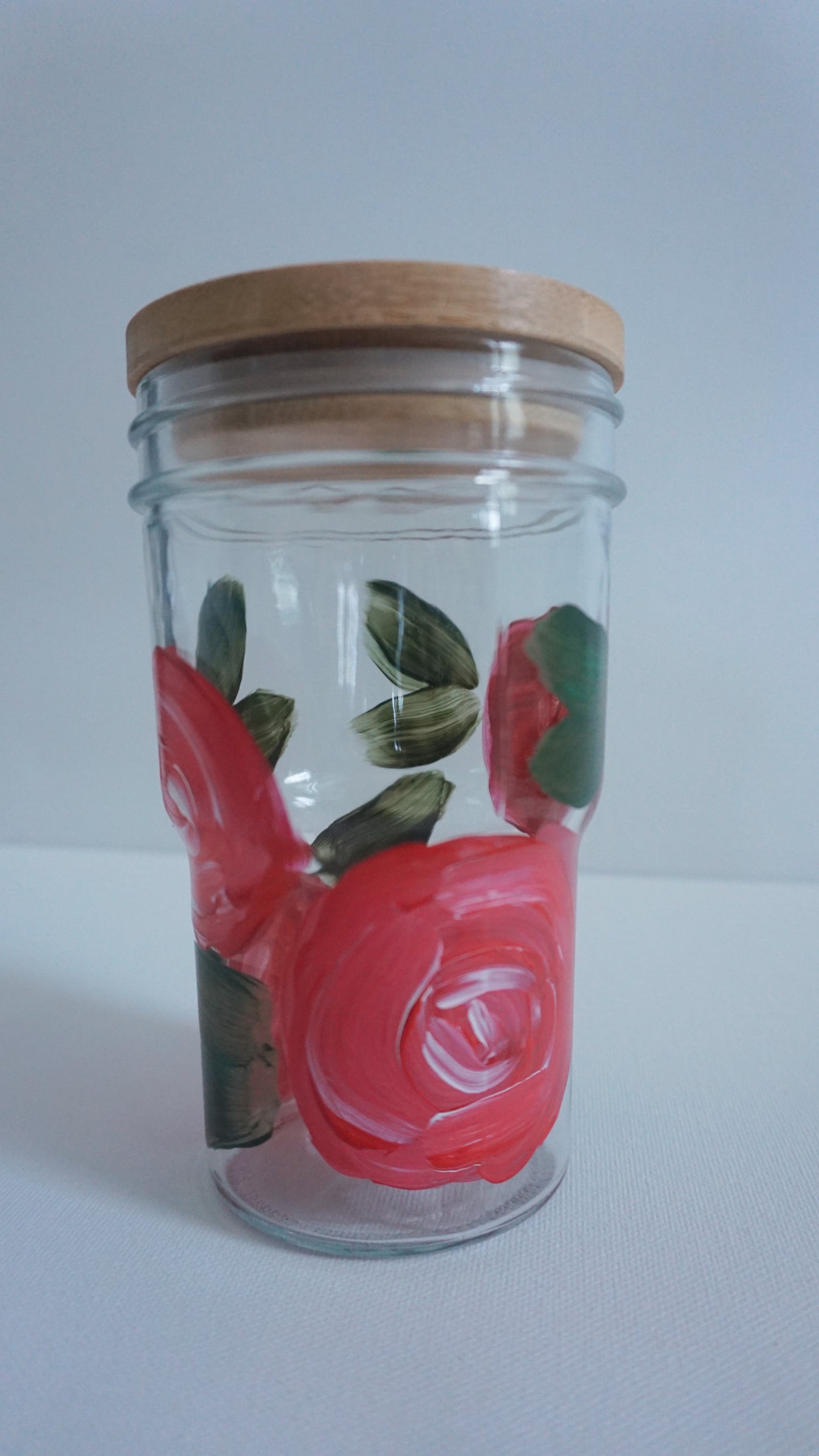 Hand Painted Glass Tumbler with Bamboo Lid and Glass Straw - Red Rose