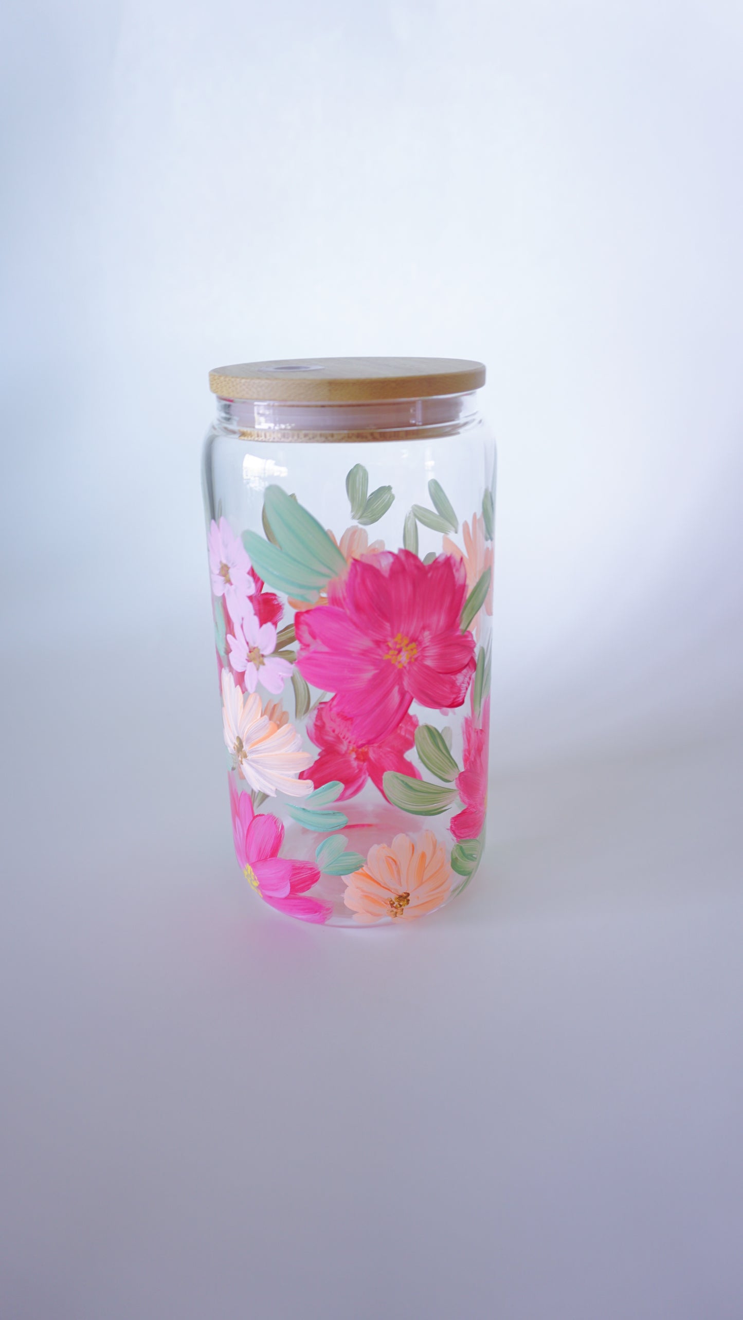 Hand Painted Glass Cup with Bamboo Lid and Glass Straw - Blooming Pink and Peach