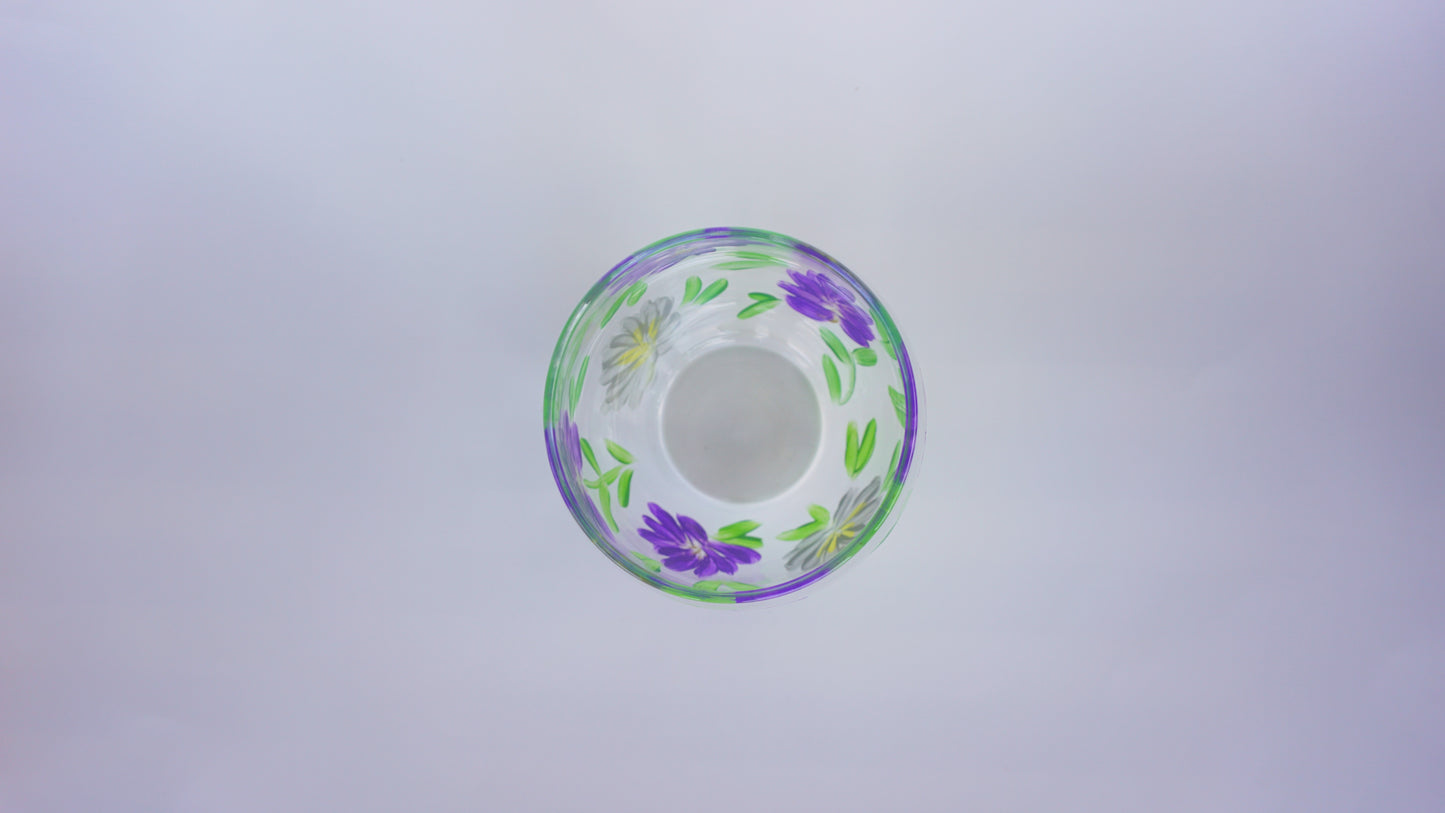 Hand Painted Stemless Wine Glass - Purple + Silver Small Flowers