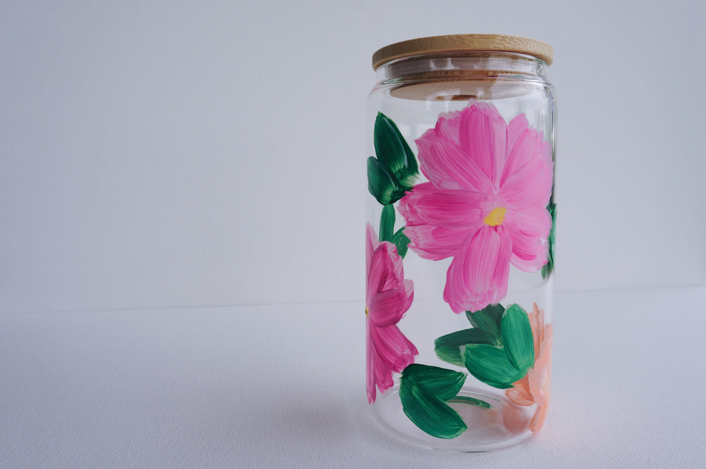 Hand Painted Glass Cup with Bamboo Lid and Glass Straw - Sunset Orange Flowers