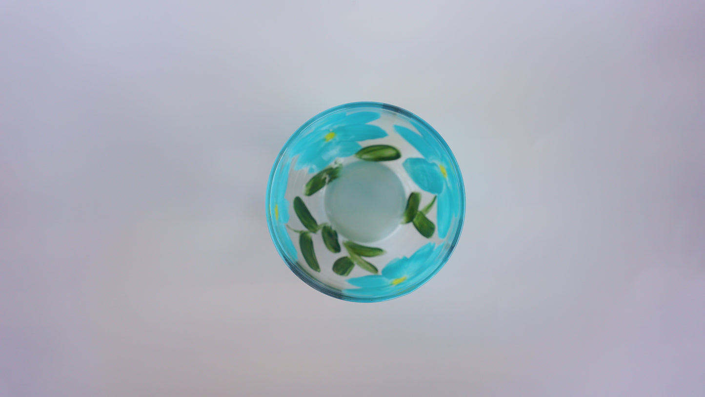 Hand Painted Stemless Wine Glass - Blue Flower