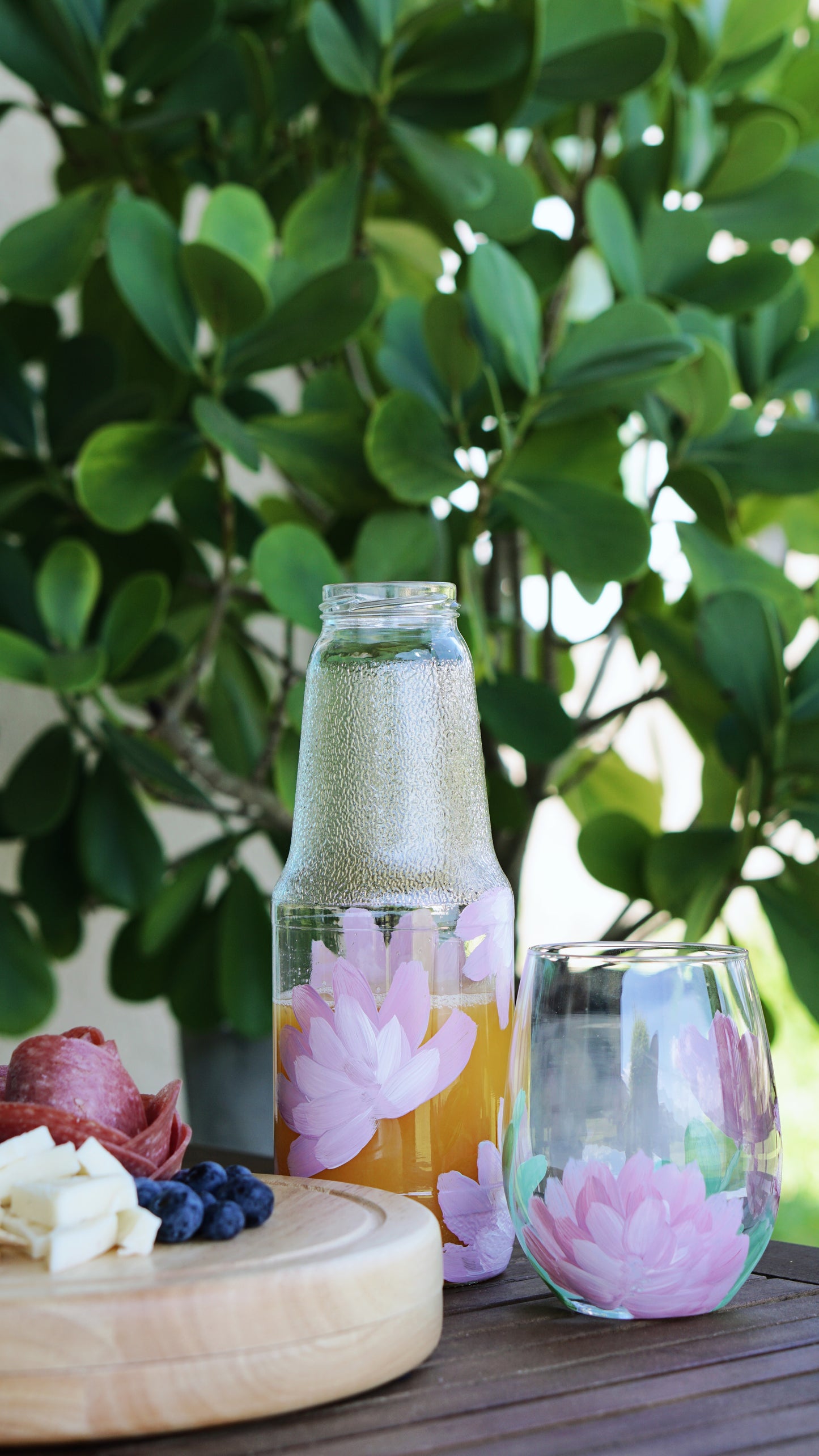 Hand Painted Glass Bottle - Large Tall - Purple Flower