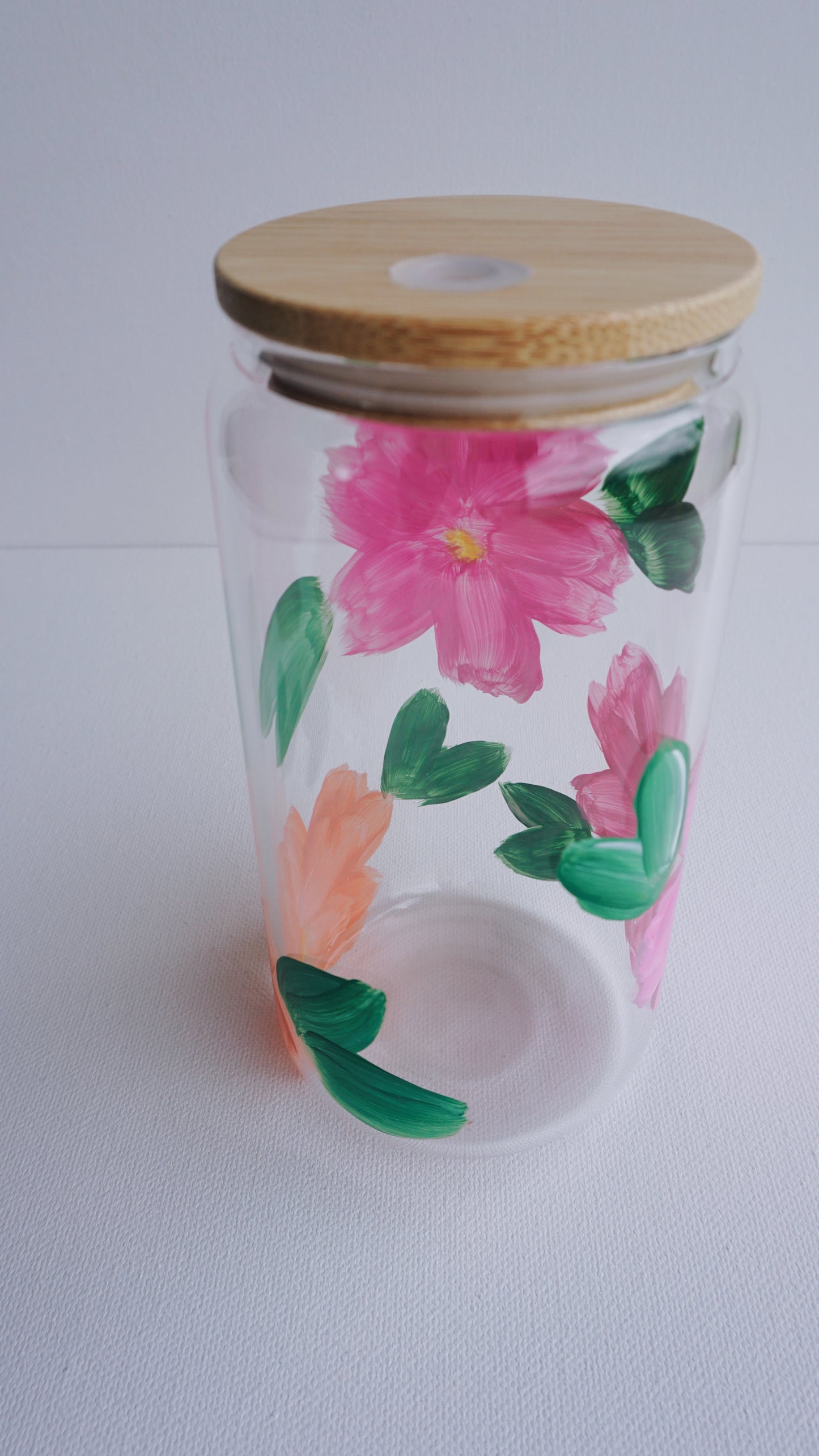 Hand Painted Glass Cup with Bamboo Lid and Glass Straw - Sunset Orange Flowers