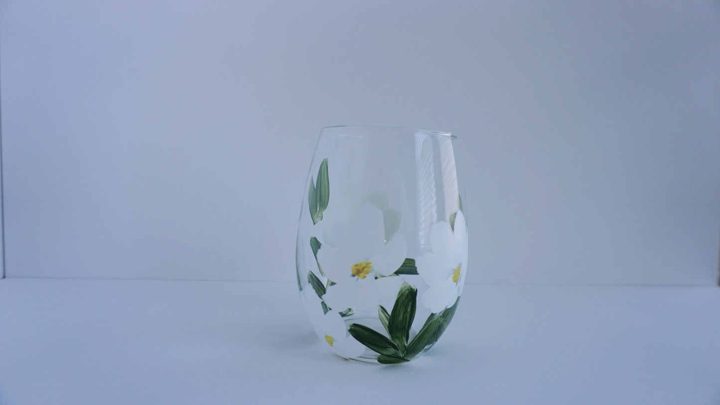 Hand Painted Stemless Wine Glass - White Flower