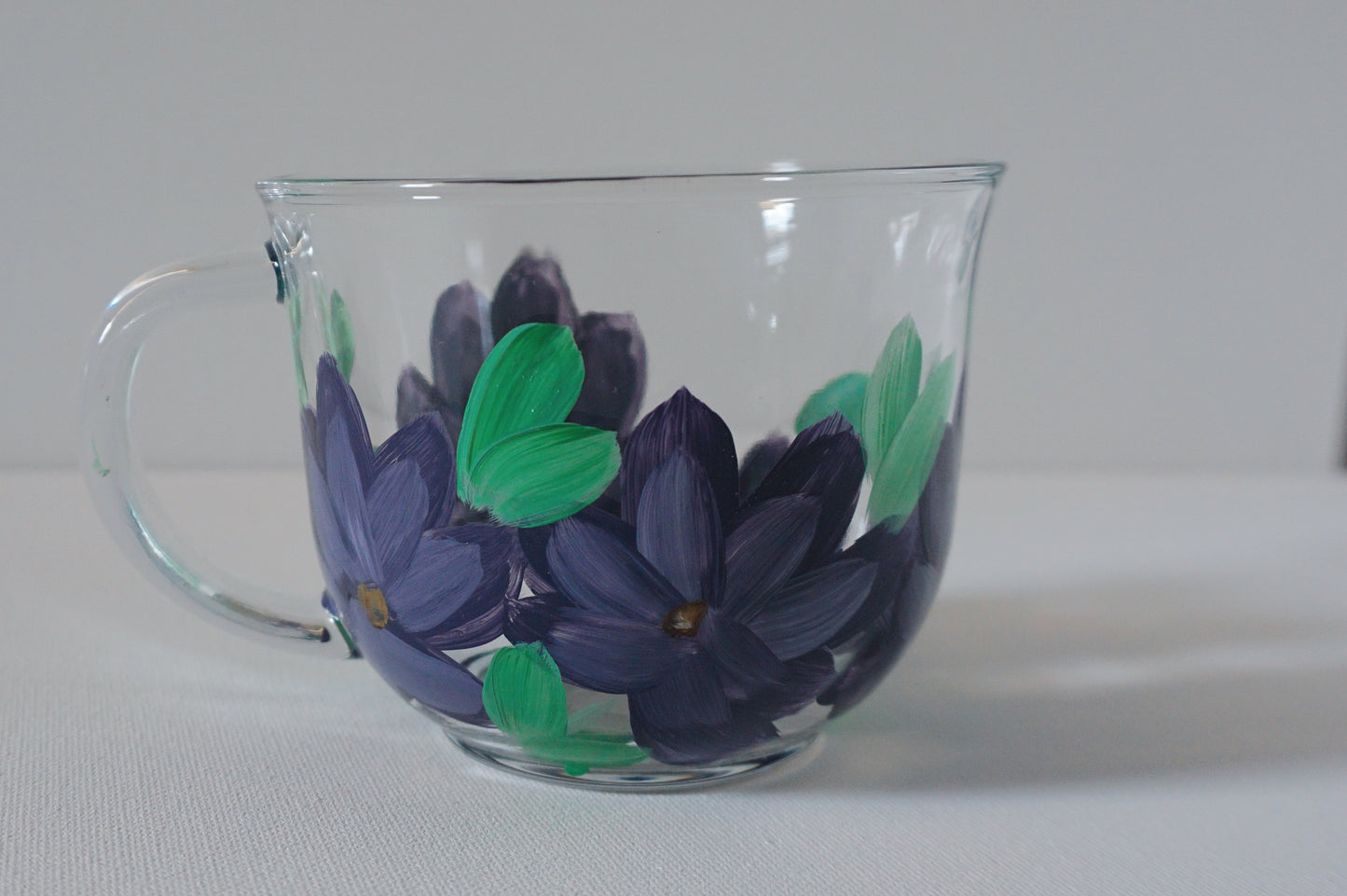 Hand Painted Glass Mug - Dark Purple Flower