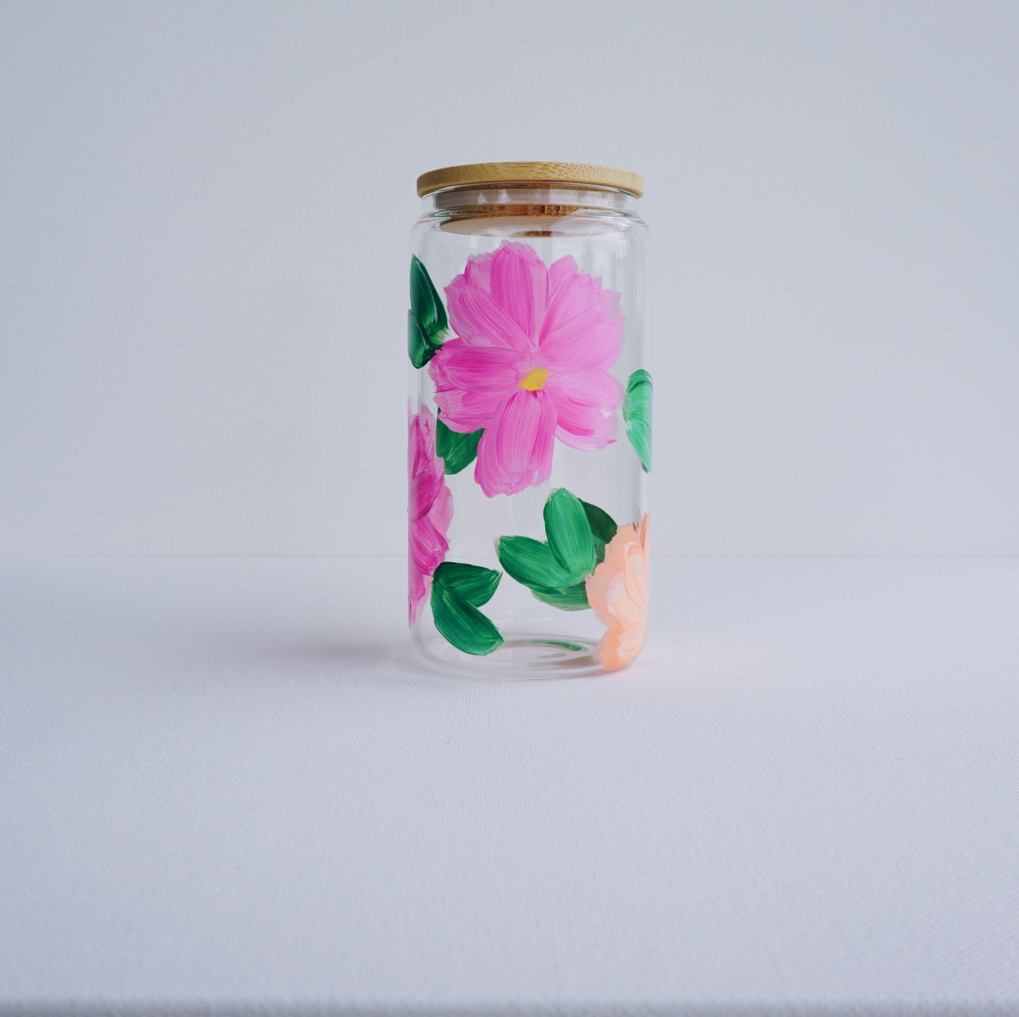 Hand Painted Glass Cup with Bamboo Lid and Glass Straw - Sunset Orange Flowers