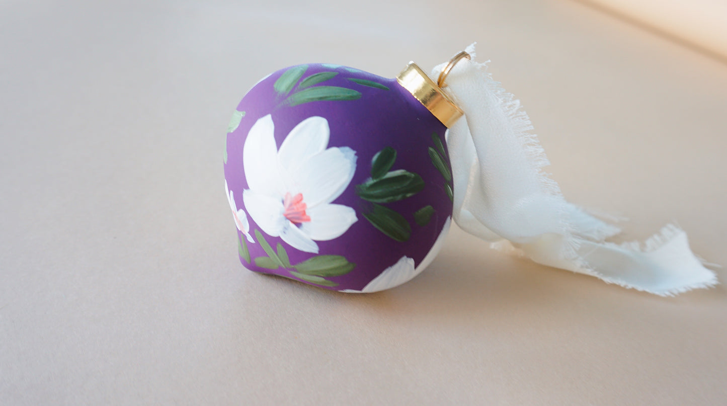 Purple and White Flowers- Christmas Tree Ceramic Ornament