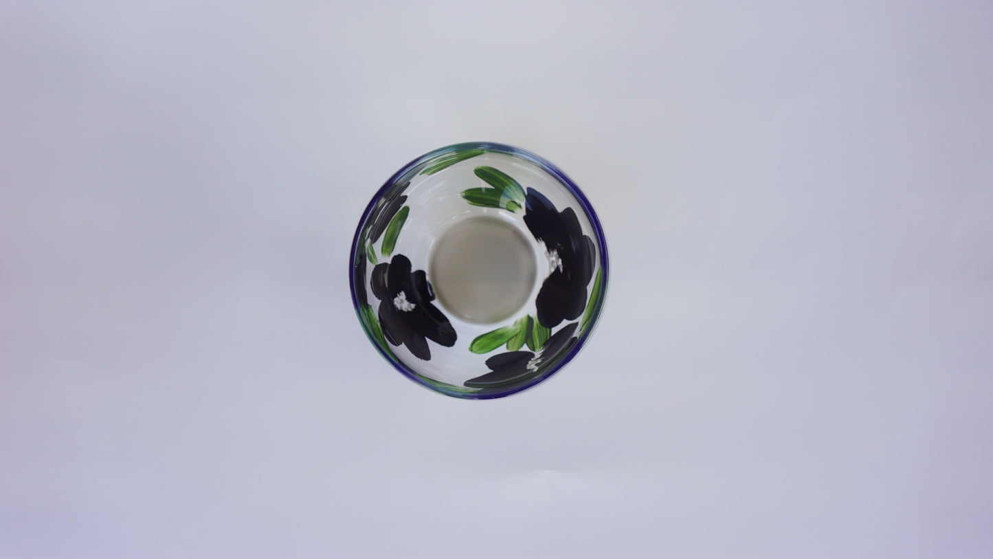 Hand Painted Stemless Wine Glass - Black Flower