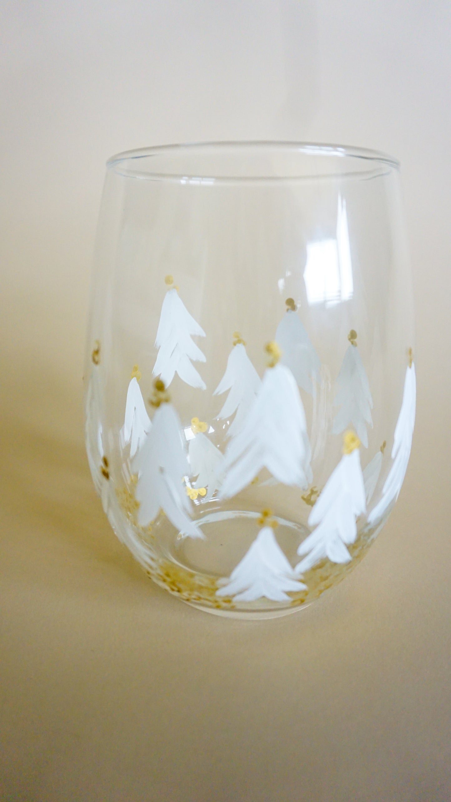 Hand Painted Stemless Wine Glass - White Christmas Trees