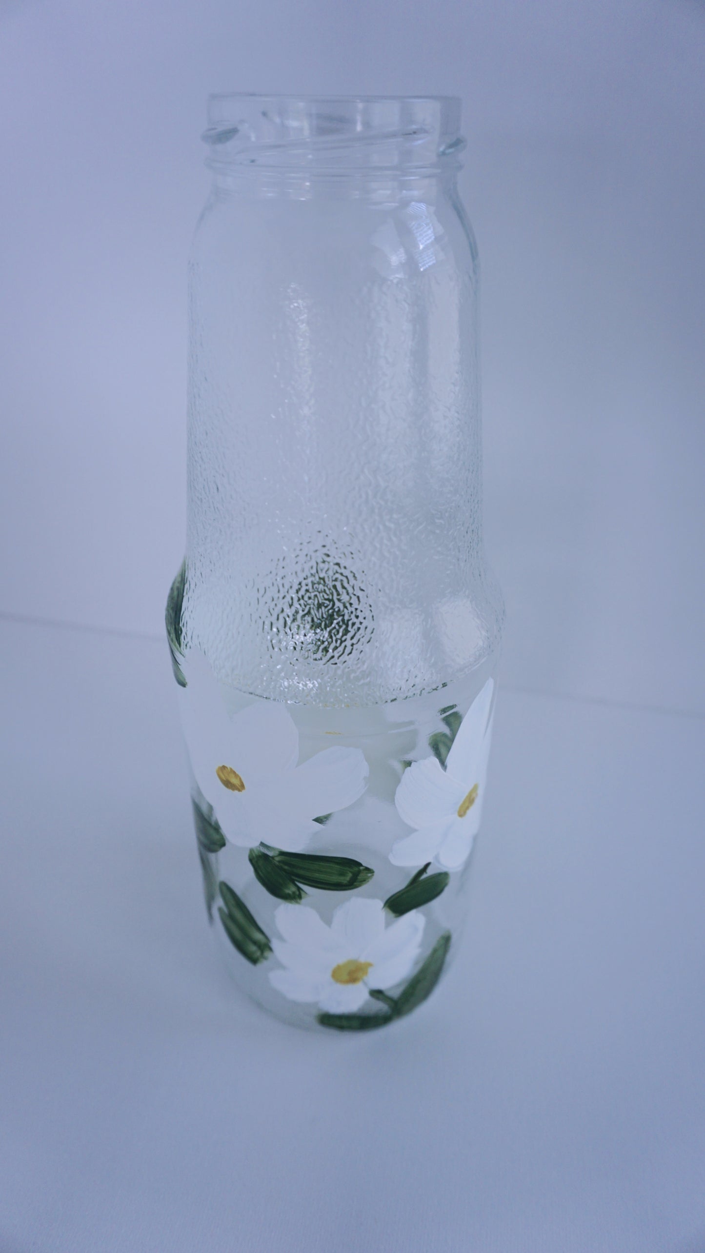 Hand Painted Glass Bottle - Large Tall - White Flower