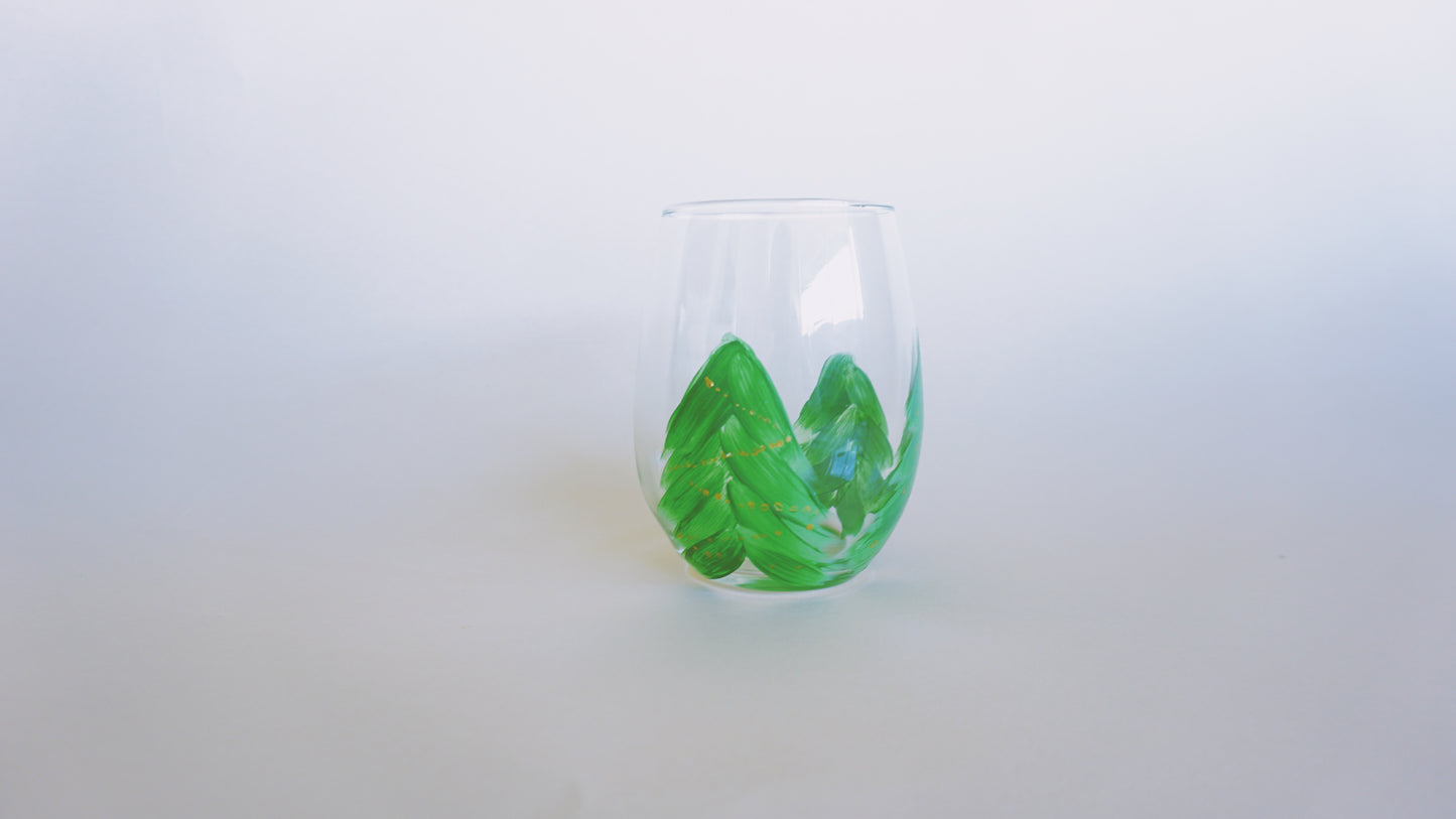 Hand Painted Stemless Wine Glass - Oh Christmas Tree