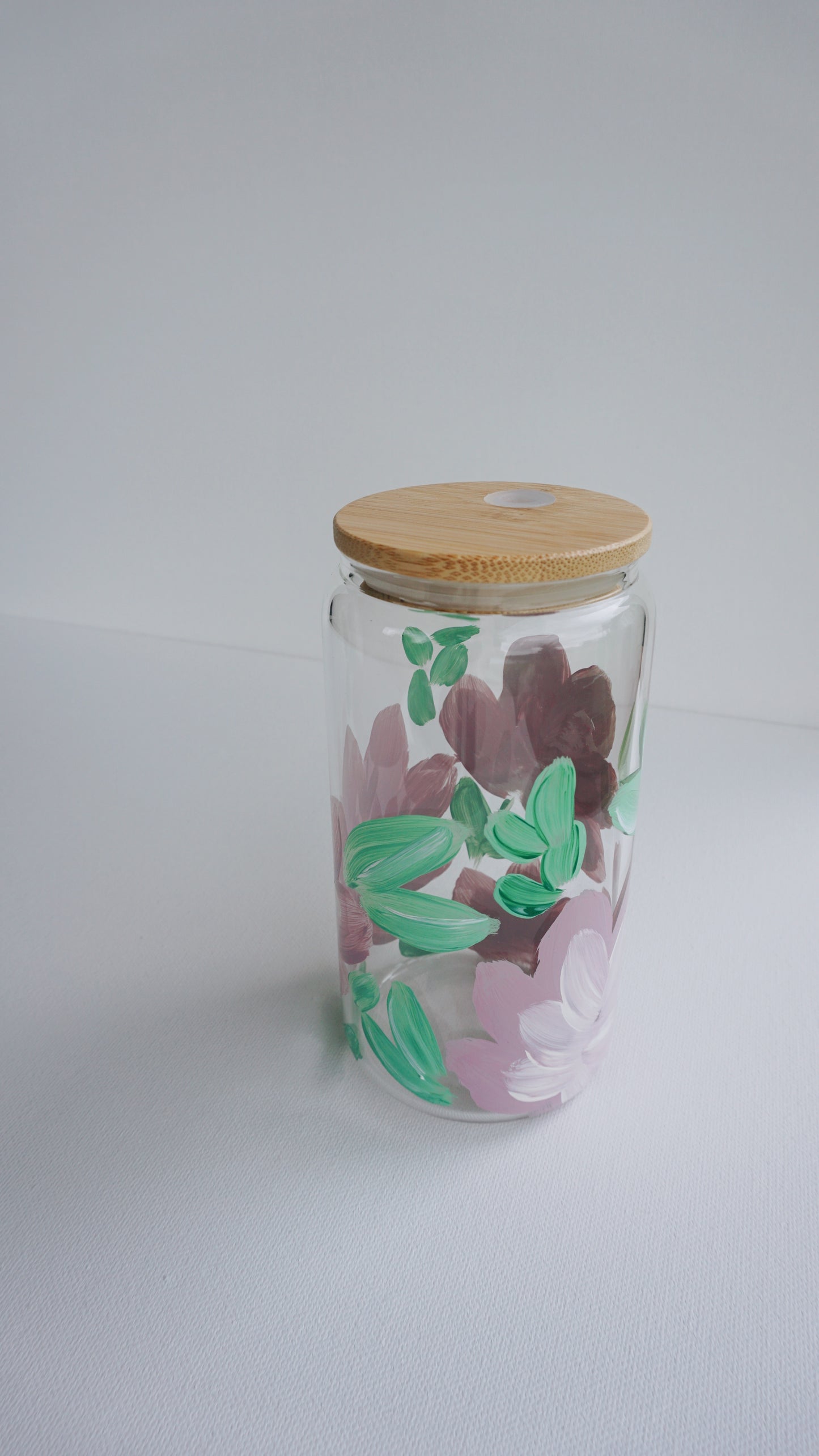 Hand Painted Glass Cup with Bamboo Lid and Glass Straw - Purple Flower