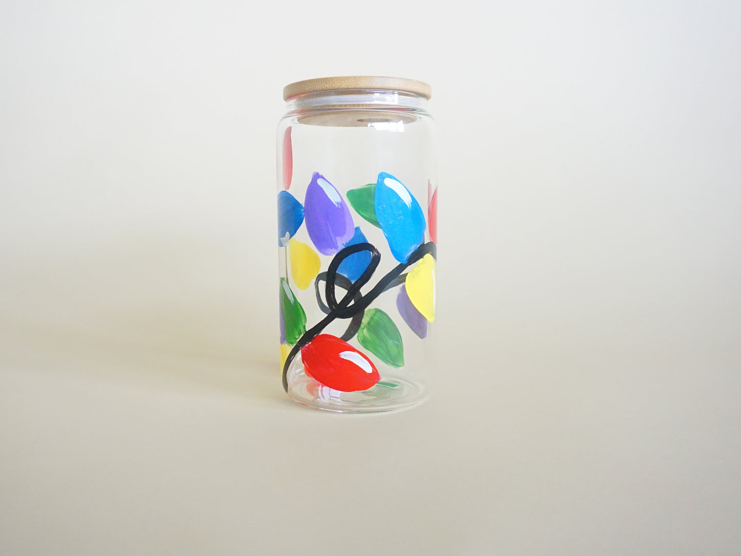 Hand Painted Glass Cup with Bamboo Lid and Glass Straw - Christmas Lights