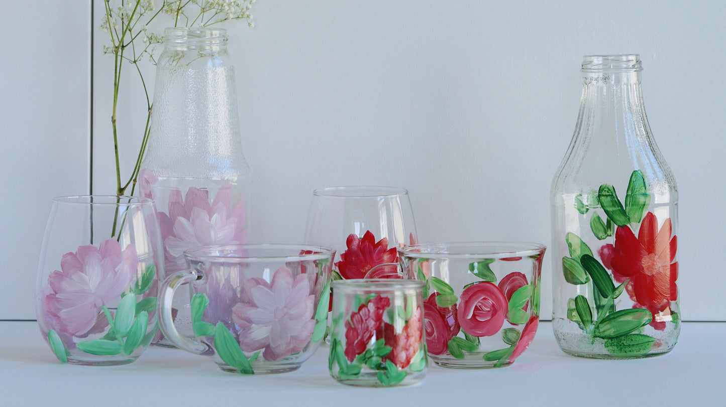 Hand Painted Glass Jar - Small - Red Flower