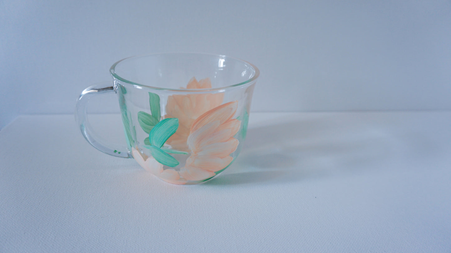 Hand Painted Glass Mug - Peach Flower