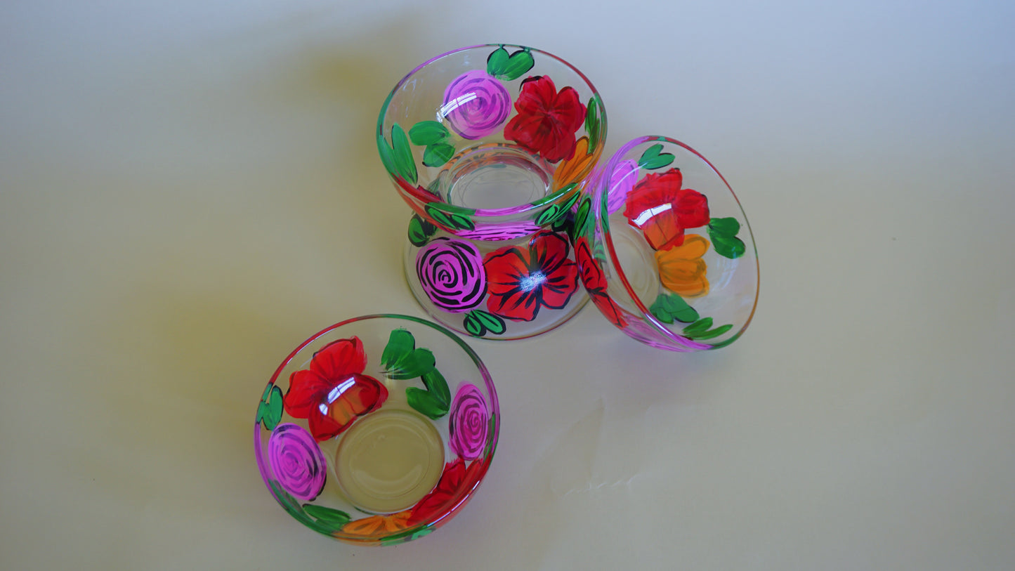 Hand Painted Glass Bowl Set - "Desi's Bouquet"