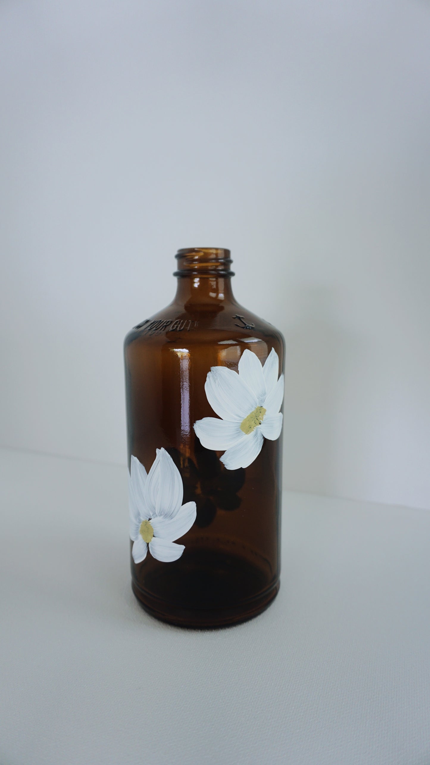 Hand Painted Glass Bottle - Transparent Brown - White Flower