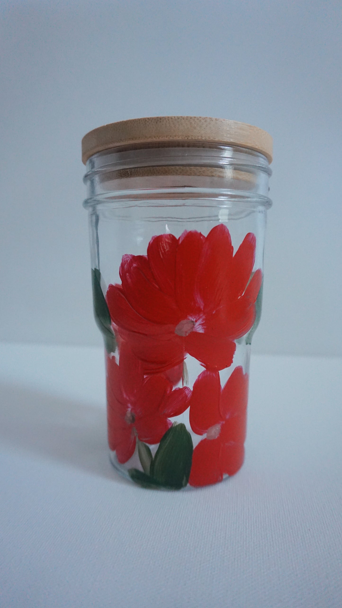 Hand Painted Glass Tumbler with Bamboo Lid and Glass Straw - Red Flower