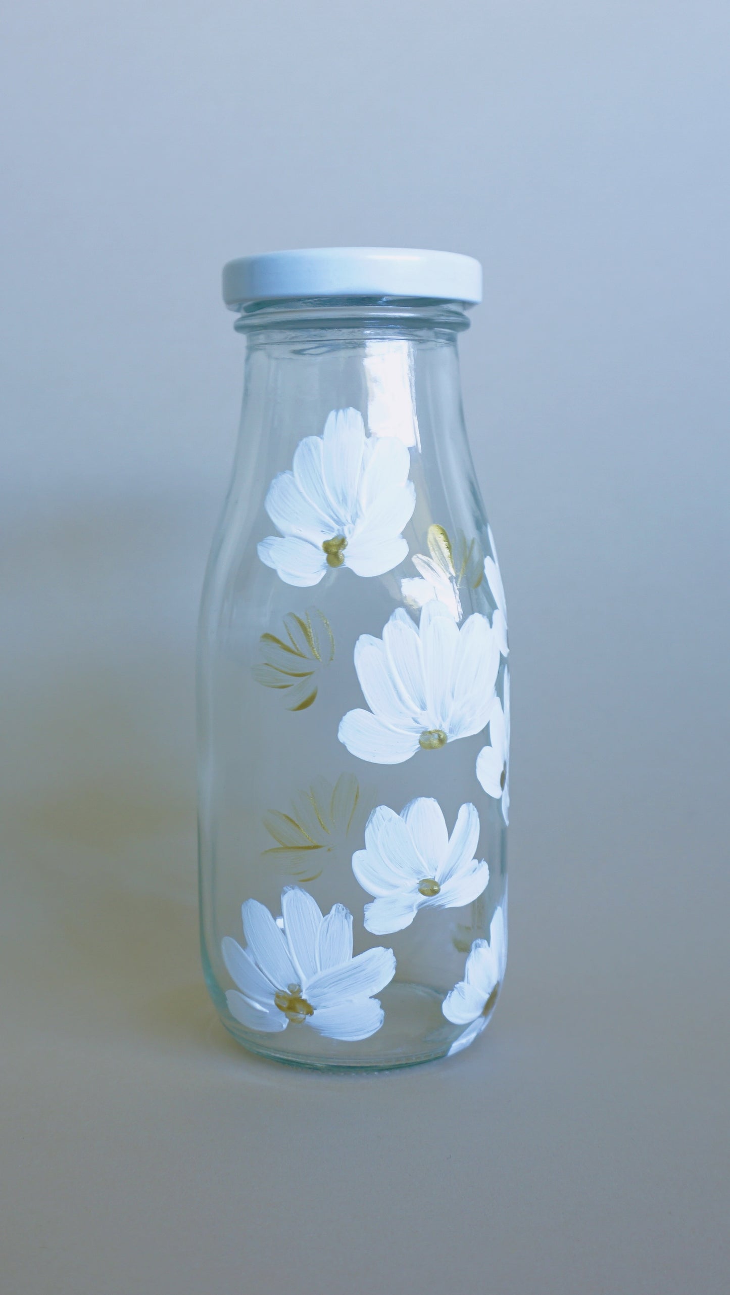 Hand Painted Glass Milk Bottle - White and Gold Flowers