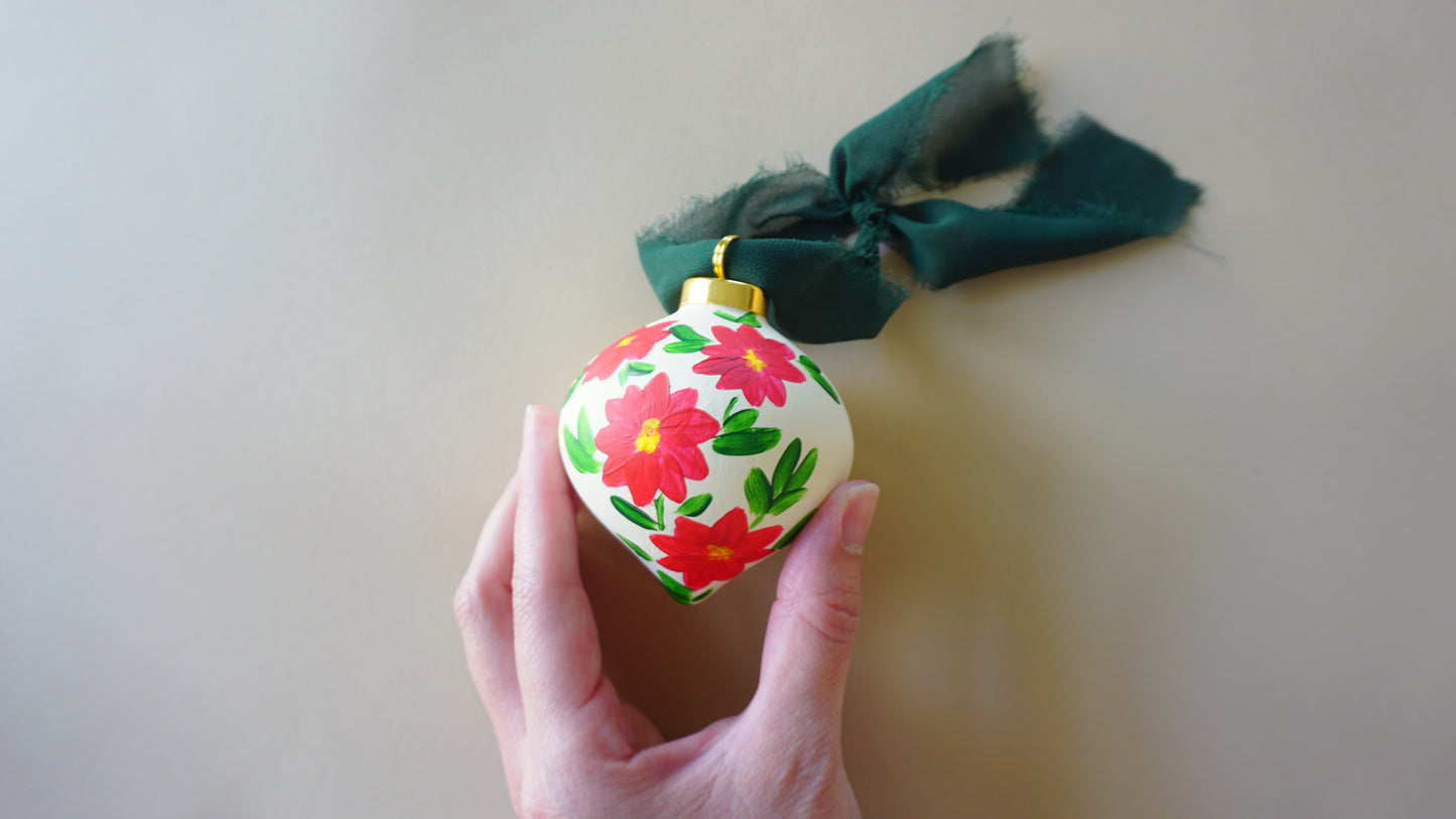 Red Poinsettia Flowers - Christmas Tree Ceramic Ornament