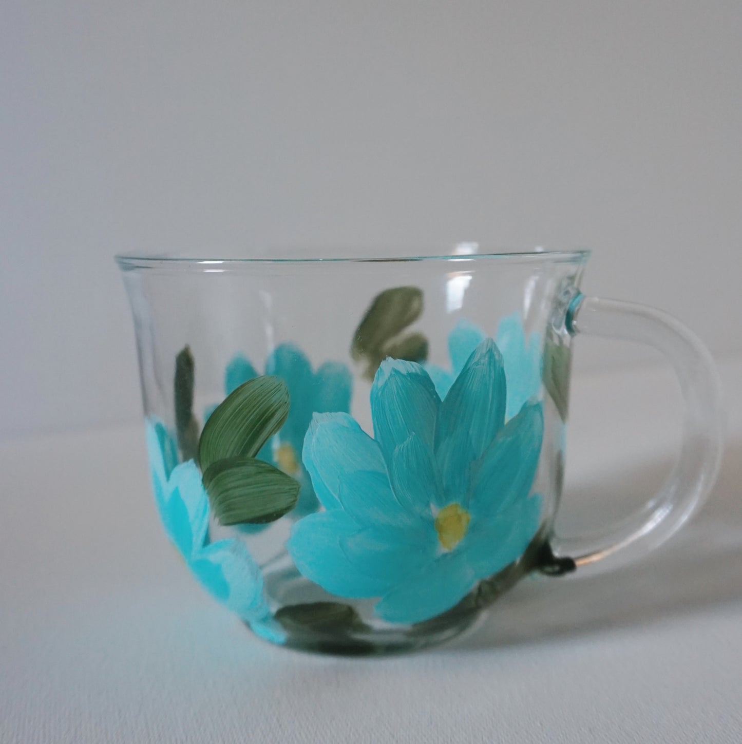 Hand Painted Glass Mug - Blue Flower