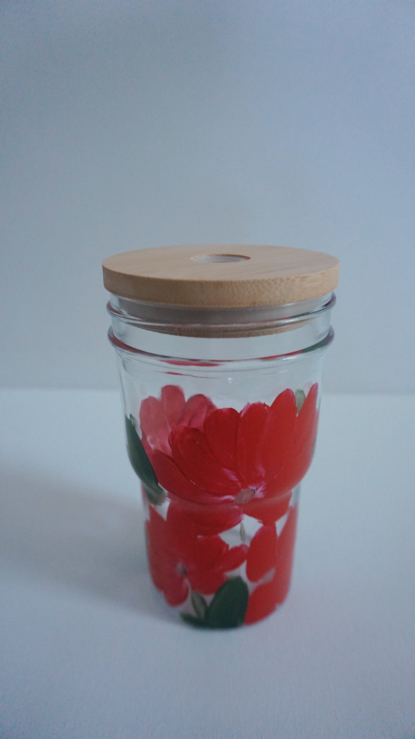 Hand Painted Glass Tumbler with Bamboo Lid and Glass Straw - Red Flower