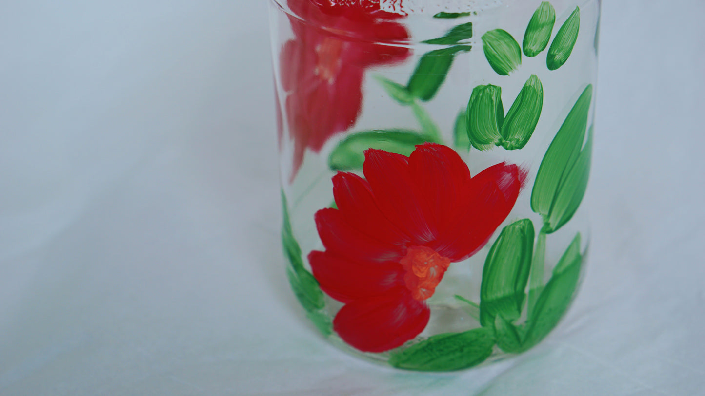 Hand Painted Glass Bottle - Large - Red Flower