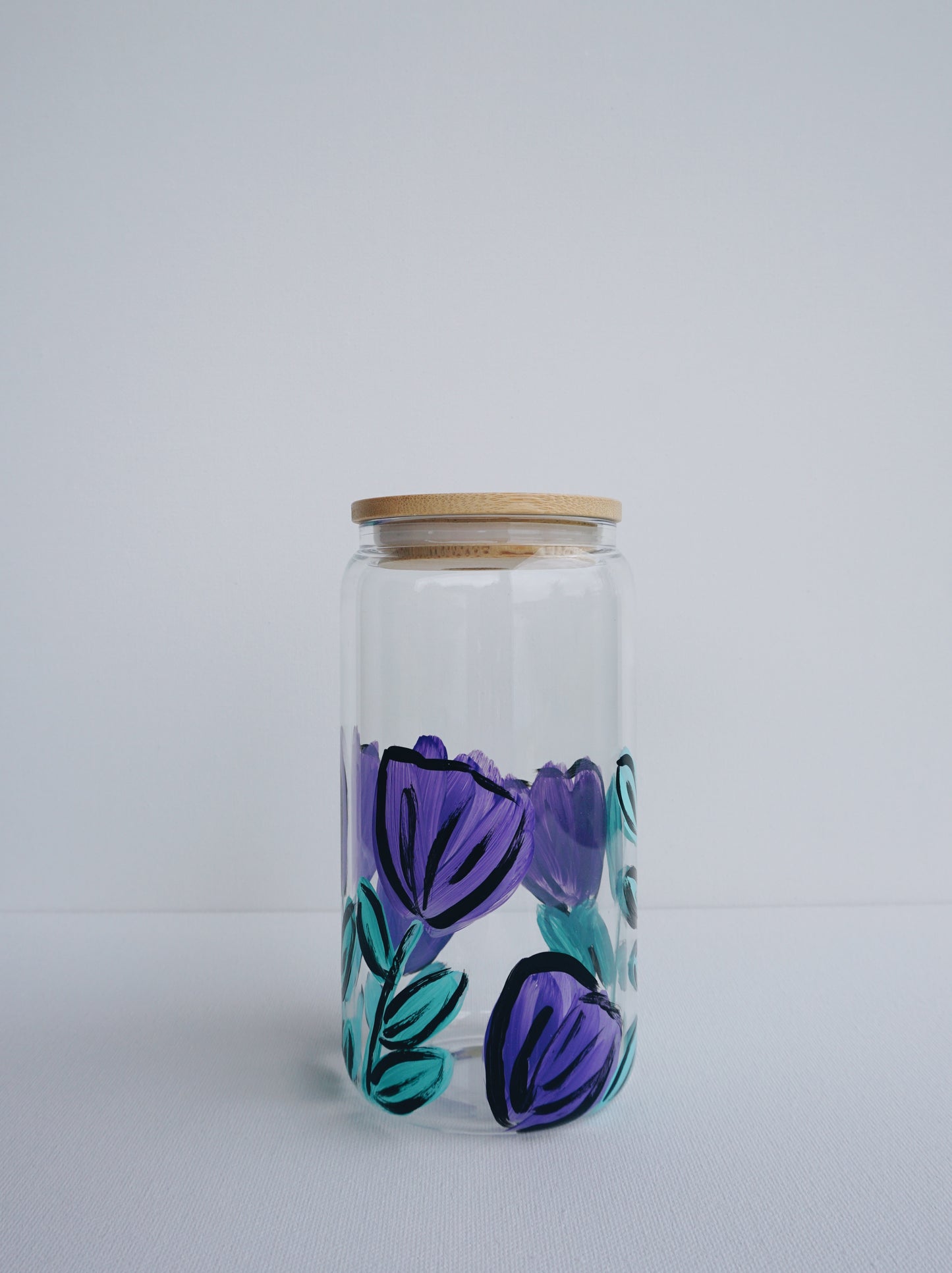 Hand Painted Glass Cup with Bamboo Lid and Glass Straw - Comic Book Purple Tulip