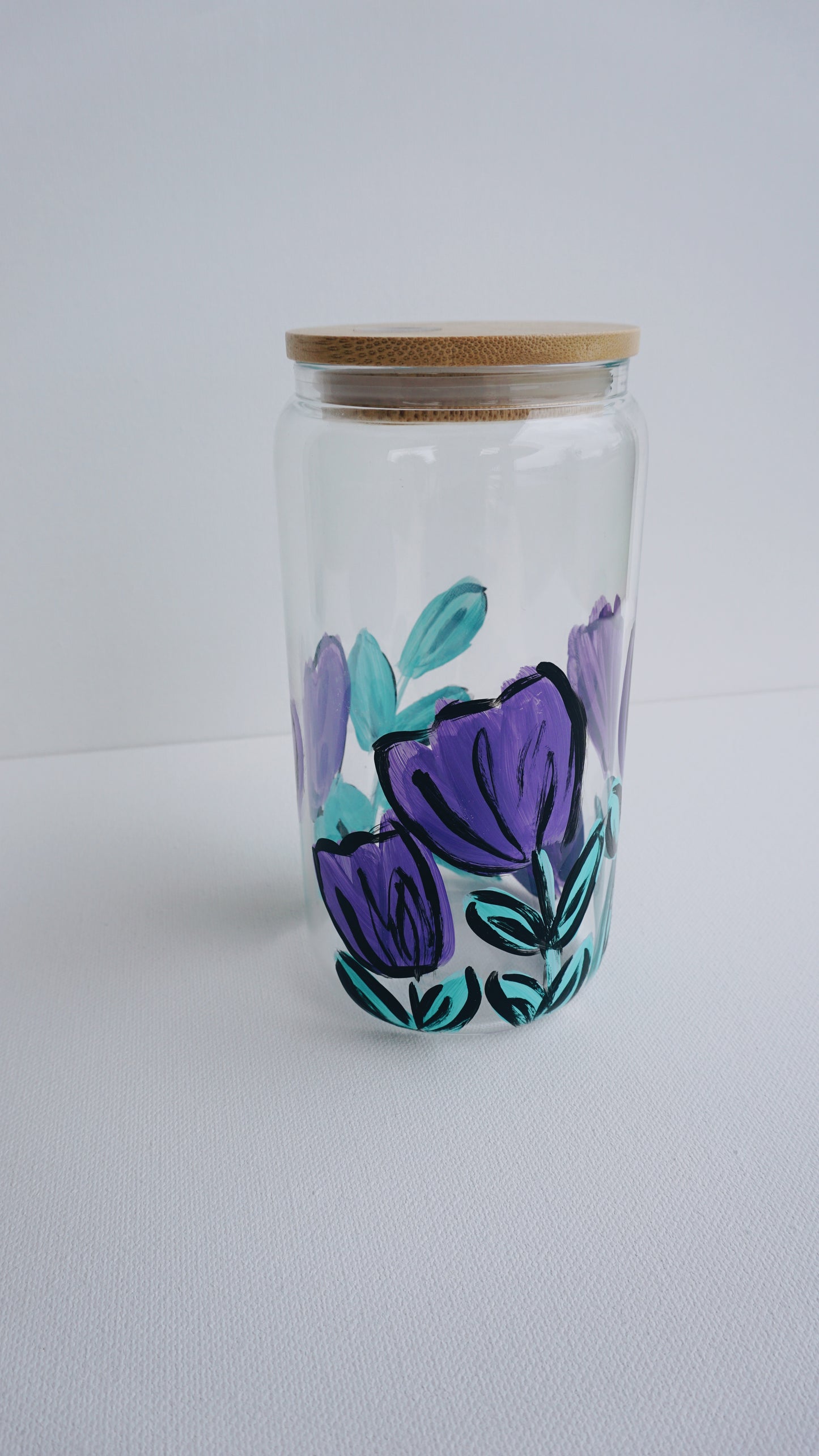 Hand Painted Glass Cup with Bamboo Lid and Glass Straw - Comic Book Purple Tulip