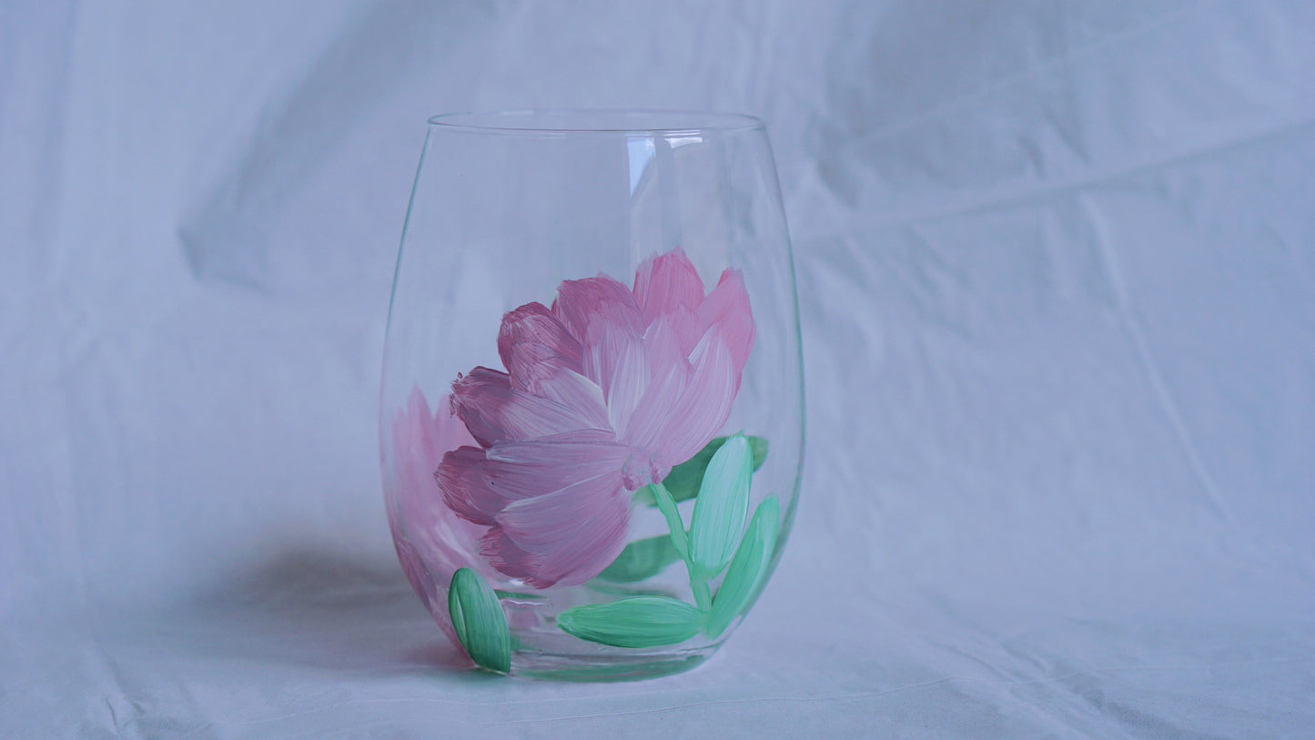 Hand Painted Stemless Wine Glass - Purple Flower