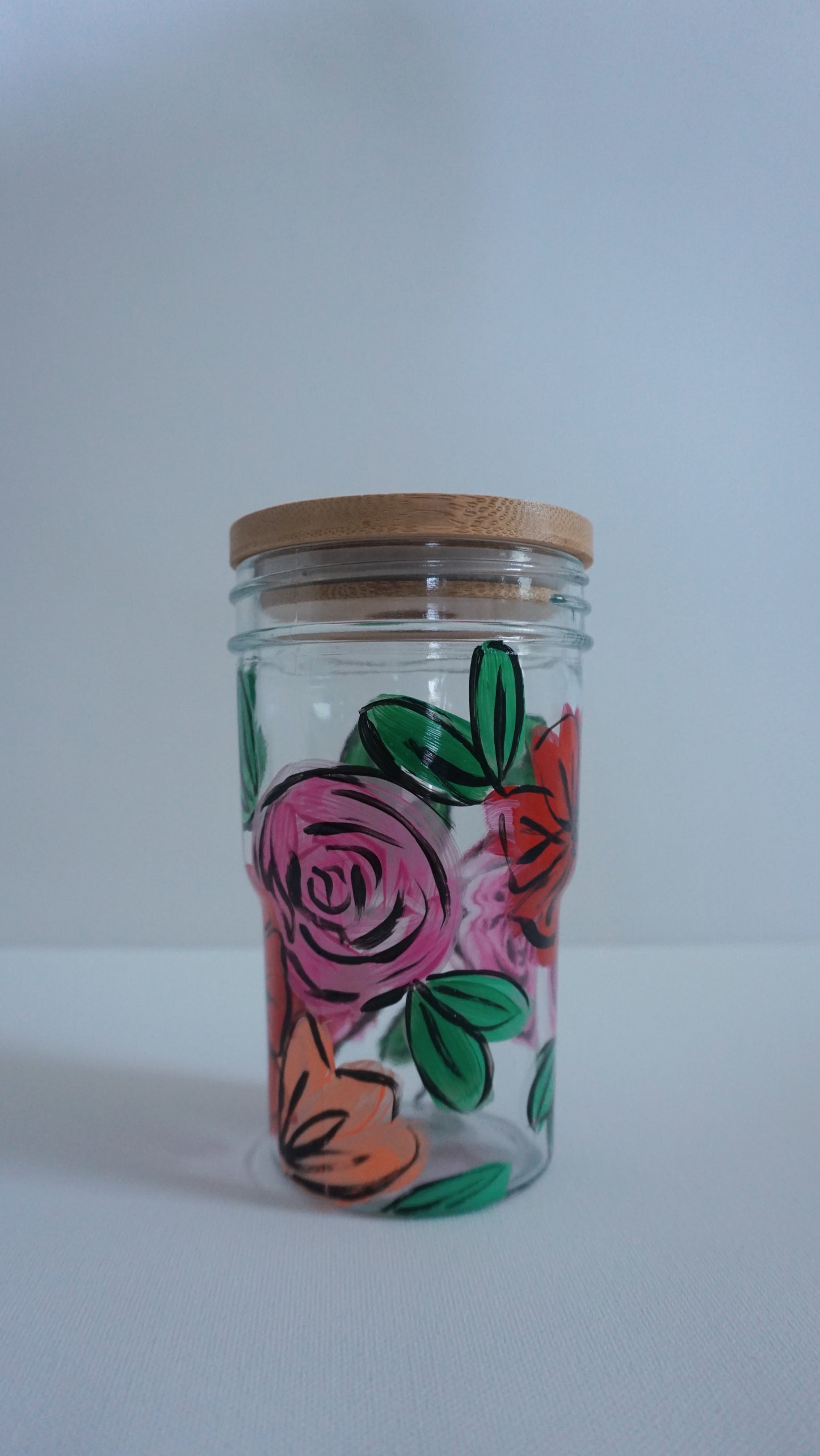 Hand Painted Glass Tumbler with Bamboo Lid and Glass Straw - “Desi’s Bouquet”