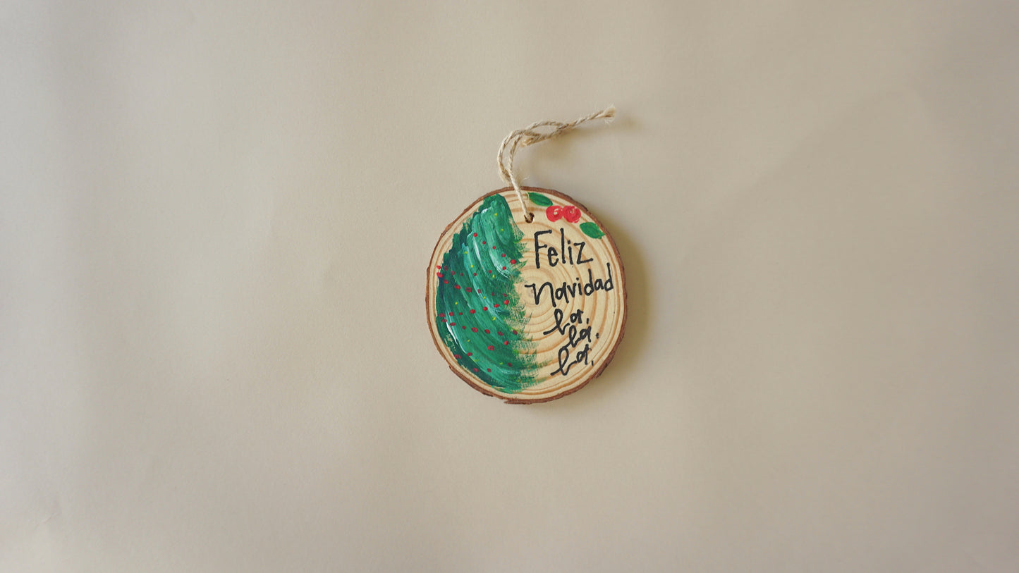 Feliz Navidad La La La - Round Wood Christmas Ornament