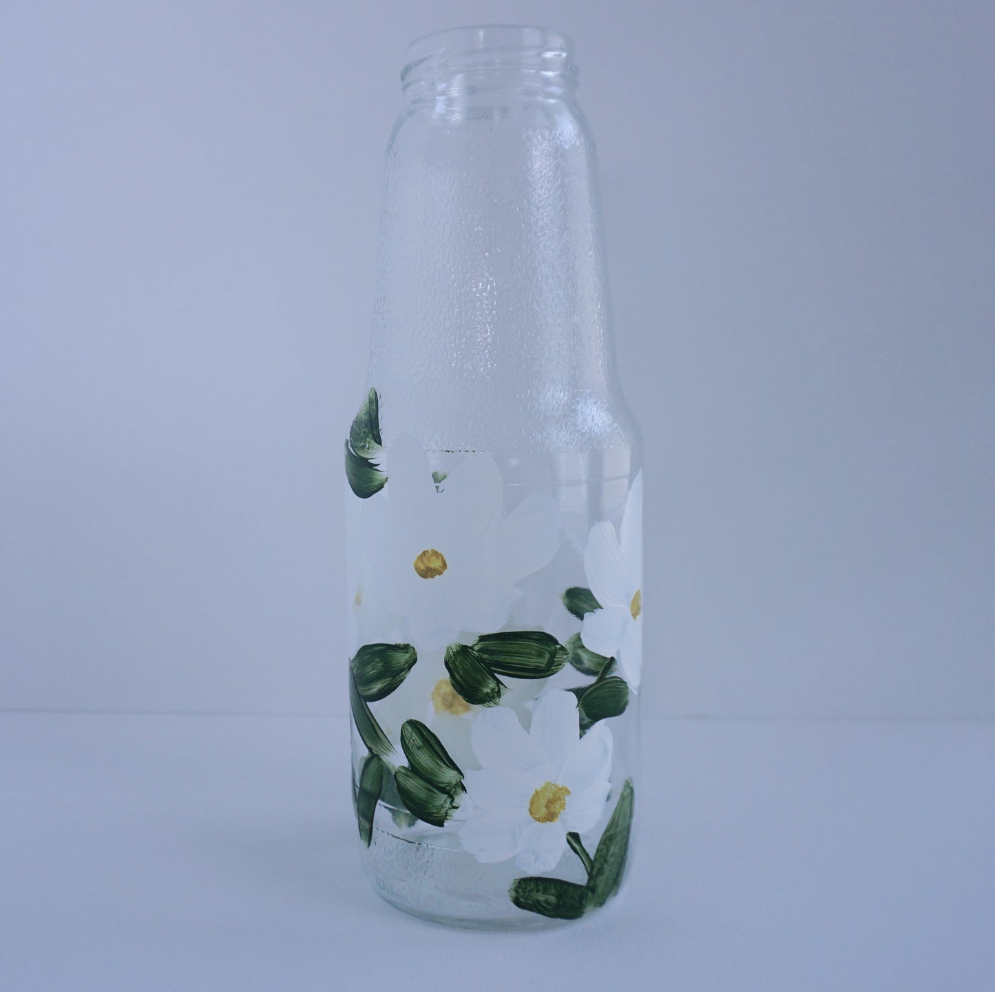 Hand Painted Glass Bottle - Large Tall - White Flower