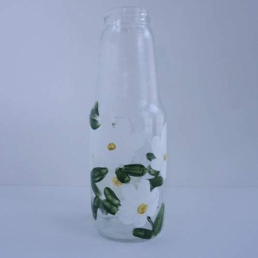 Hand Painted Glass Bottle - Large Tall - White Flower